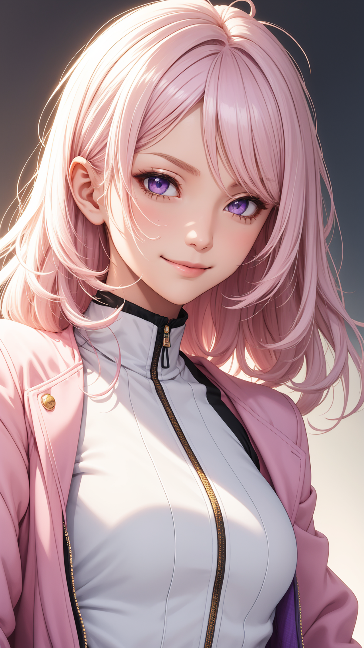 A young girl with purple eyes, pink hair, and a pink outfit is smiling.