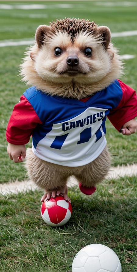 photo, a hedgehog dressed like a football player