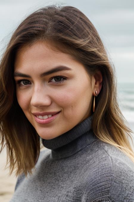 <lora:k4t3upt0n:1>, Realistic photo of a beautiful k4t3upt0n woman, 1girl, solo, long hair, looking at viewer, smile, (((blonde hair))), turtleneck sweater, jewelry, upper body, earrings, teeth, mole, grin, blurry, lips, grey eyes, outdoors, beach, realistic, soft lighting, professional Photography, Photorealistic, detailed, RAW, analog, sharp focus, 8k, HD, DSLR, high quality, Fujifilm XT3, film grain, award winning, masterpiece