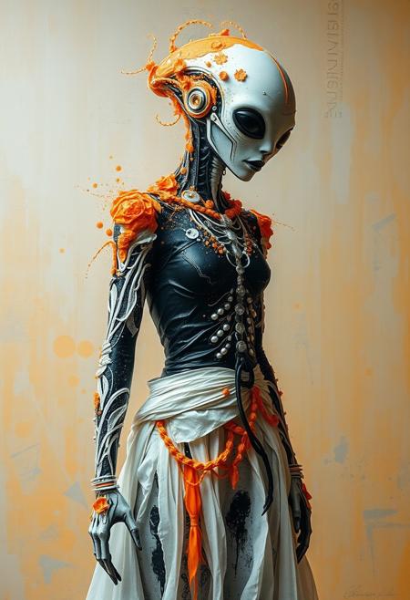 Ethereal minimalist Alien race cybergoth fashion photography painting, in the style of fluorecent orange, pearl_white black and silver, heavy use of palette knives, full body wide shot painting of teachment, intricate, sharp_focus, concept_art
