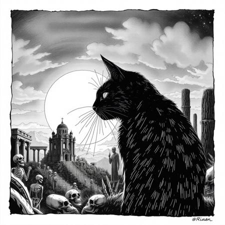 ((black cat looking at the moody sunrise)) BREAK, nature, dappled light, post apocalypse, ruined city, skeletons, ancient ruins, nature, gorgeous masterpiece (black and white ink illustration)