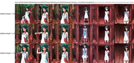 eldritch abomination, (guro:1.1), (surreal:1.1), (horror (theme):1.1), monster, (scenery:1.1), 1girl, (Saya:1.1), green hair, green eyes, hair flaps, white dress, smile, standing, looking at viewer