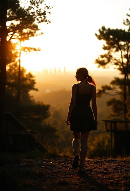 lone roguish female figure, walking away, glancing over shoulder, distant cityscape, transitioning from forest to urban environment, golden light of early morning or late afternoon, cinematic, journey progression, emotional warmth, subtle glance, candid, moment of doubt or hesitation, reflection on the journey, (forest in the background:1.2), city on the horizon, inviting introspection, natural light, dramatic lighting, depth of field, (captured naturally:1.2), (detailed background:1.3), (photorealism:1.4), 8k UHD, (blurry:-1.3), (lowres:-1.5), (ugly:-1.2), (mutated:-1.4), (worst quality:-1.4), (bad anatomy:-1.3), (cartoon:-1.1), (sketch:-1.1), (distorted proportions:-1.3), (extra limbs:-1.5), (cgi:-1.4), (extra characters:-1.5), (savanna:-1.4)