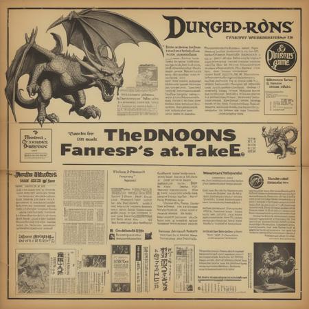 A photorealistic rendering of an old, slightly yellowed newspaper laid flat on a wooden table. The focus should be on a full-page advertisement for Dungeons & Dragons. The ad should feature vintage artwork of dragons, wizards, and warriors, capturing the essence of the game. The text should be in a classic font, announcing the game's features and why it's a must-have for fantasy enthusiasts. The D&D logo should be prominently displayed. Around the ad, the newspaper should have other articles and ads typical of the era when the game was released, adding to the nostalgic feel. The lighting should be soft but sufficient to make the ad and surrounding text readable. The overall atmosphere should evoke a sense of nostalgia and excitement for the game, <lora:oldjpnews:0.6>