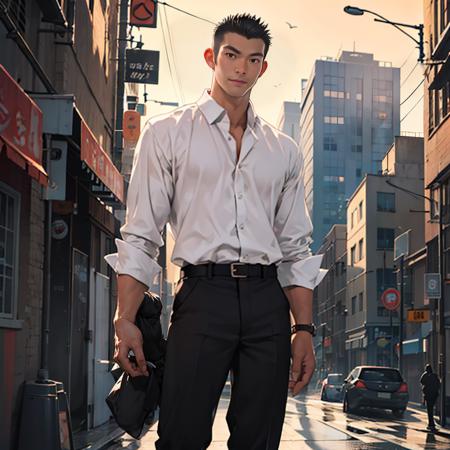 <lora:KKThanathorn_V1:0.9> solo male ,Thanathorn 30yo,slim tall guy , dark skin ,monoeyelid ,small eyes ,black hair  , portait,white shirt holding orange , dynamic pose , cityscape , master piece , rim light , best quality, extremely detailed, simple solid color background