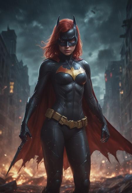 High resolution ultra-realistic of beautiful realistic Batgirl fighting against alien invasion, cinematic style, standing on a bloody and stormy battlefield in a fighting pose, bloody massacre, realistic modern combat costume, black mask, red cape, perfect athletic figure, wavy red hair, handsome dirty bloody face, beautiful perfect detailed pupils, wet oily shiny skin, covered in dirt and blood, beautiful firm Breasts, defiant and seductive, sexy 20 year old girl, 8k resolution concept art portrait by Greg Rutkowski, Dark Gotham City, Artgerm, WLOP, Alphonse Mucha, dynamic lighting, hyperdetailed, intricately detailed, Splash art trending on Artstation triadic colors, Unreal Engine, 5 volumetric lighting, Cinematic Lighting, intricate, smooth, sharp focus digital painting, Asymmetrical Balance, painting, dynamic lighting