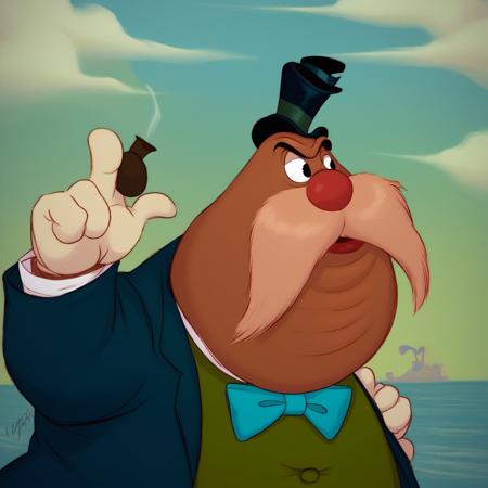 MRWALRUS, 1boy, solo, furry male, mustache, TOP HAT,  vest, bowtie pants, cane black eyes