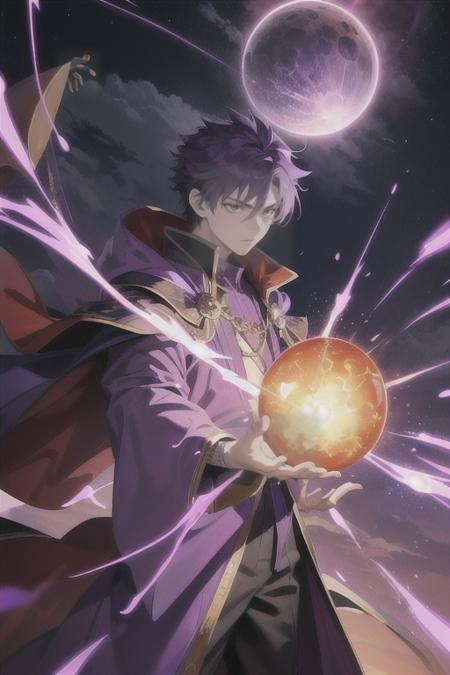 (masterpiece, highest quality, 8k, 16k, high quality, anime screencap, digital art, intricate background), 1boy, tall, teenaged, purple mage robe, purple hair, purple eyes, orange fire ball, in battle, nighttime, purple lighting, purple magic particles, clouds,