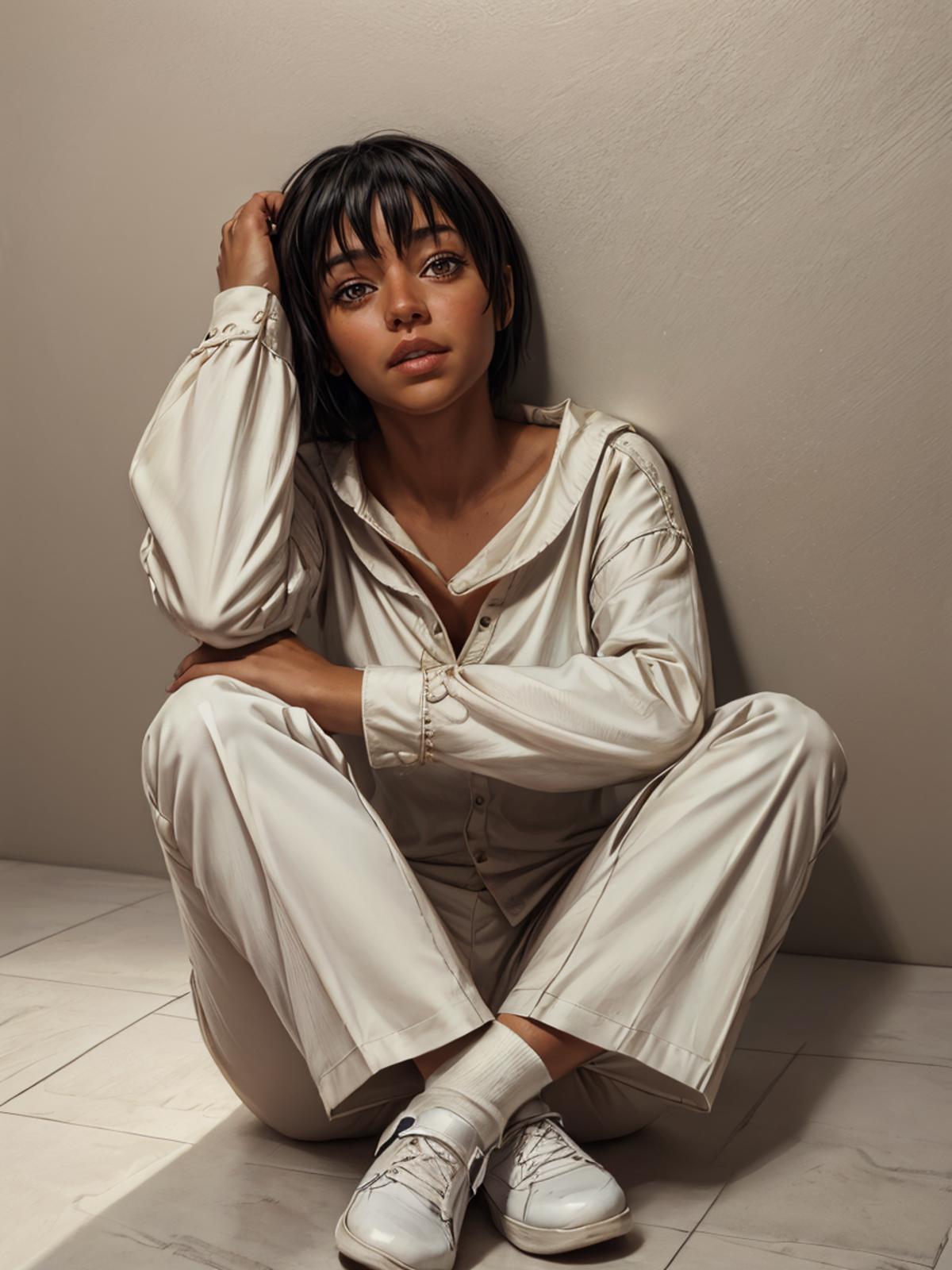 A young woman sitting against a wall wearing white clothing.