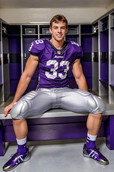 in an American football locker room, (sitting on a bench), legs spread open, LoganRobbins, American football player wearing American football uniform, American football shoulder pads, ((deep purple jersey)), jersey number 9, (silver football pants and pads), deep purple socks, silver sneakers, smiling, masterpiece, (((full body portrait))), full body shot, wide angle  <lora:LoganRobbins:0.75>