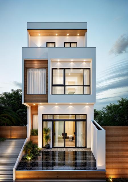 RAW photo, outdoor, (residential architecture exterior:1.3), 1 house architecture, (elegant), Singapore tropical modern house style, white wall and glass and rock and black steel and wood, (Luxury home with exquisite finishing:1.3), (wood),Beautiful tropical garden, warm yellow light in the interior, dark night sky, (high detailed:1.2), (Evening environment with warm dominant interior lighting), 8k uhd, dslr, soft lighting, high quality, film grain, Fujifilm XT3  <lora:Townhouse-000014 v1:0.6>