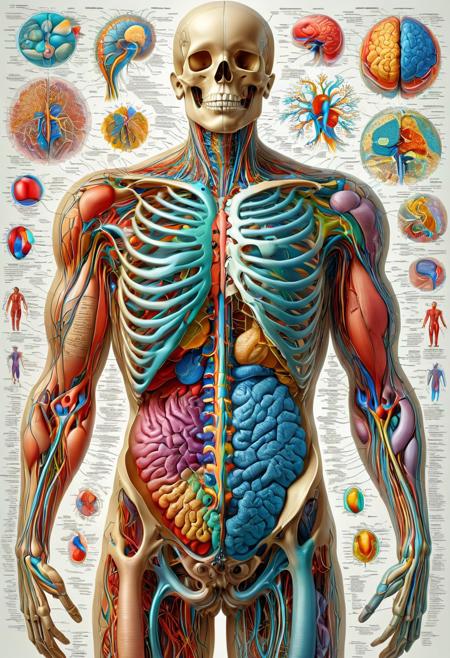 An intricately detailed, scientifically accurate, and colorful depiction of the entire human body, including all internal organs and systems, is displayed in this illustration. The skeletal, muscular, nervous, circulatory, respiratory, digestive, endocrine, and immune systems are all visible, highlighting the complex connections between them. Each organ and system is depicted realistically and accurately. A soft gradient effect enhances the sense of depth and dimensionality. The background is kept clean and minimalist, featuring a white backdrop to emphasize the subject matter and improve visibility. The illustration also includes subtle shading and texture to give it a realistic and tangible feel.