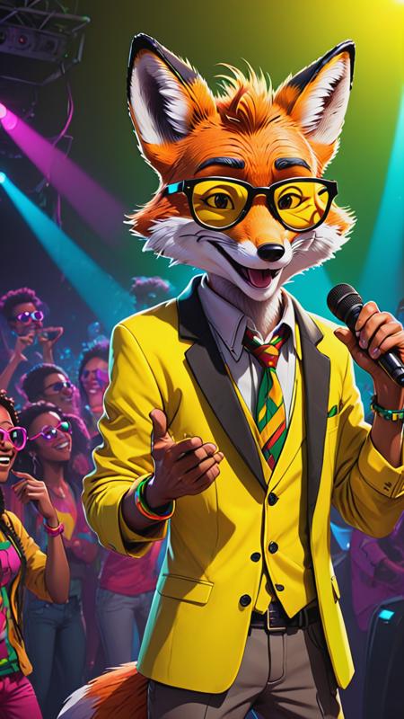 cyberpunk, line art, cartoon style, a mr.Fox, disney cartoon network, yellow glasses, smile, reggae singer on stage, at a disco party, neon, cartoon network character, comic painting, bold lines,  <lora:mr.Fox:0.8>