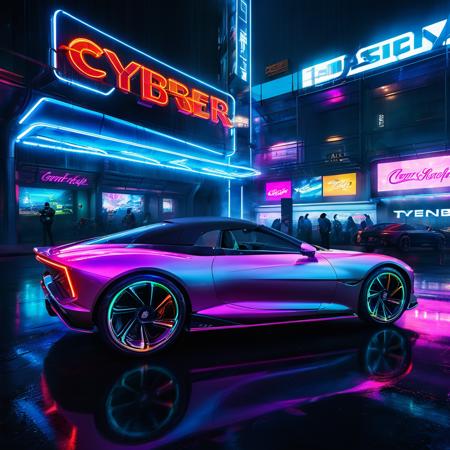 cyberster,(hood down:1.5),(open door:1.5),
A sleek,futuristic sports car with glowing neon accents parked in the center of a bustling cyberpunk plaza at night. The plaza is surrounded by towering skyscrapers adorned with vibrant holographic advertisements,neon signs,and digital billboards. The ground is wet,reflecting the intense colors of the neon lights. The atmosphere is filled with a mix of smoke and fog,adding to the moody and edgy vibe. Nearby,there are futuristic street vendors,people with cybernetic enhancements,and drones flying overhead,all contributing to the high-tech,dystopian environment.,
<lora:cyberster_SDXL_v1:1>,