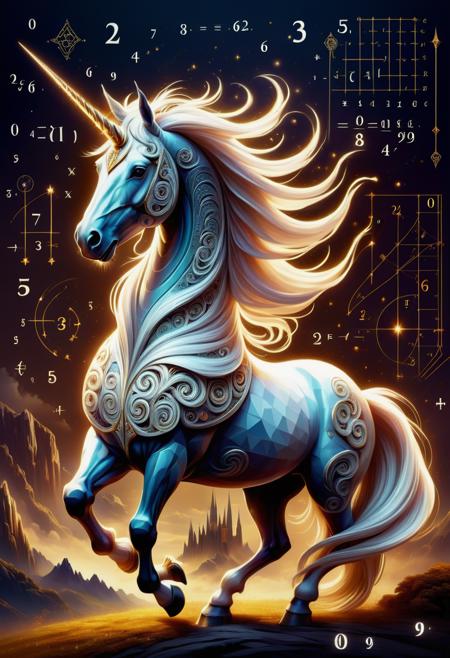 hyper detailed masterpiece, dynamic, awesome quality,DonMM4hM4g1cXL math magic,unicorn, mythical majestic horse creature, single horn, white colored long slender spiraled horn, elegant noble posture, gentle wise expression,  purity, grace, magical, enchanting, <lora:DonMM4hM4g1cXL-000010:0.8>