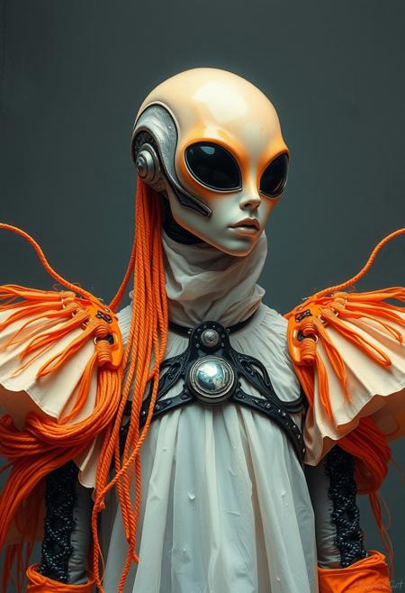 Ethereal minimalist Alien race cybergoth fashion photography painting, in the style of fluorecent orange, pearl_white black and silver, heavy use of palette knives, full body wide shot painting of teachment, intricate, sharp_focus, concept_art