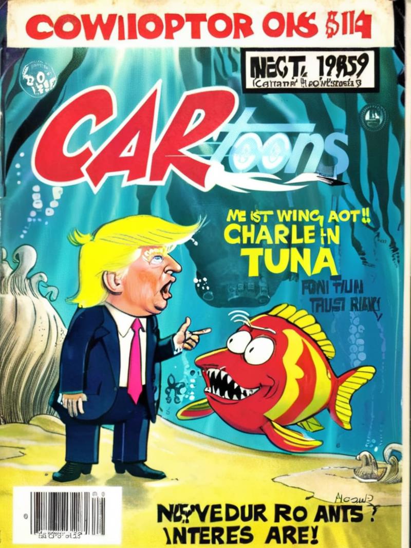 retr0magz, donald trump talking to charlie tuna at the bottom of the sea <lora:retr0magz_SDXL_v1_32:1.0>