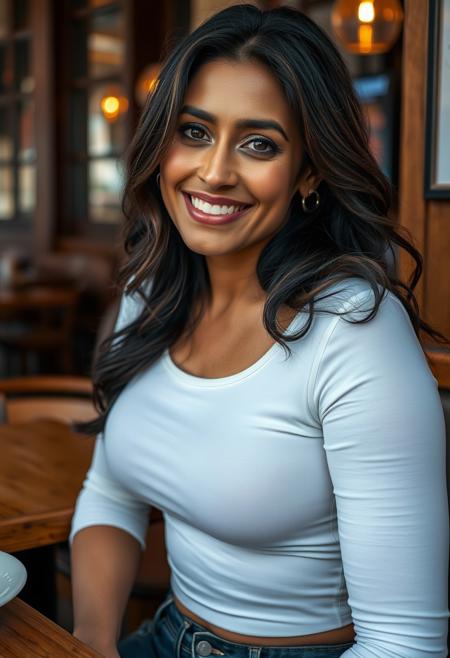 Close up shot , (8k ultra realistic),  portrait of a sexy brunette woman, (indian Rani Mukerji:1.6; tripti dimri:0.7; yasmeen ghauri:0.7), smiling, sitting at a table in a coffee shop, (wearing a  tight white crop top shaped and open to expose her shaggy wet breasts:1.1), (medium breasts), perky breasts, cleavage, (beautiful face:1.2), (detailed face and eyes:1.2), sexy, perfect, full body, bright lighting, (HD), masterpiece