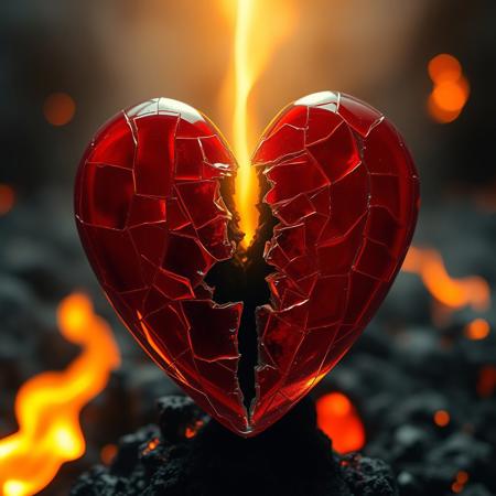 Close-up shot of a red shattered glass heart, bisected along its central axis, revealing a dark, ominous core. Soft, golden light pours down from above, bathing the scene in a warm, ethereal glow. The surrounding environment is a blurred haze of black lava and flames and ash, adding depth and mystery to the composition. The level of detail is meticulous, with each shard of glass and every texture rendered in high definition.