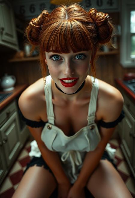35mm photo of 20 year old Christina Hendricks, breathtaking slave_princess, (dramatic composition). She has a slim figure with red-burgundy pronounced lips, teeth, open mouth, putting on lipstick, red hair, swept bangs, freckles, enormous round breasts, pouty lips, beautiful face, blue eyes, cute face, shy, light makeup, horny, eyes rolling up, looking up, sagging breasts, apron, twin hair bun, choker, sweaty skin, thigh-high socks. She is on her knees in front of viewer. POV from above. The background is very detailed, victorian kitchen, volumetric lighting, vivid colors