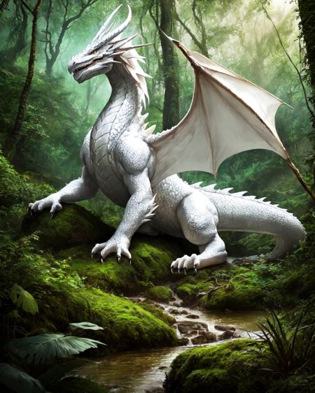 <lora:classic dragon:0.45> white forest dragon on top of a hill, at the jungle,
(masterpiece),  best quality, highres, 4k, 8k, Detailed Illustration, intricate detail, cinematic lighting, amazing quality, amazing shading, soft lighting