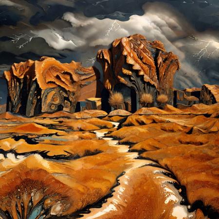 (xlomrblng:0.8) Art Deco, magnificent Wild West landscape, glass tumbleweeds, (black-tinted:0.5), very detailed, intricate, (stormy:1.21) <lora:xlomrblng:1>