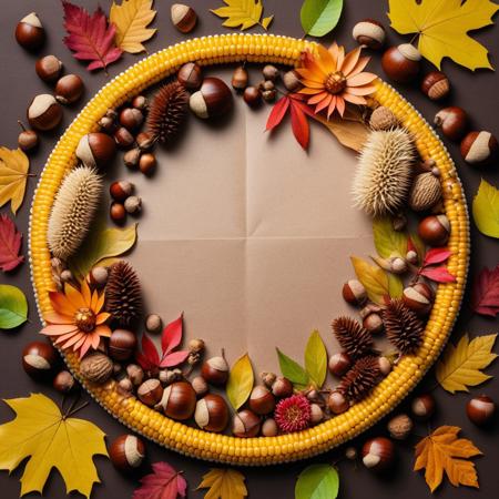 This is a circle without a background. There is no paper in the middle of the picture. The circle is surrounded by chestnuts, 
acorns, 
corn, 
colorful autumn flowers with light edges. The autumn flowers and the paper together create a natural and harmonious atmosphere.
