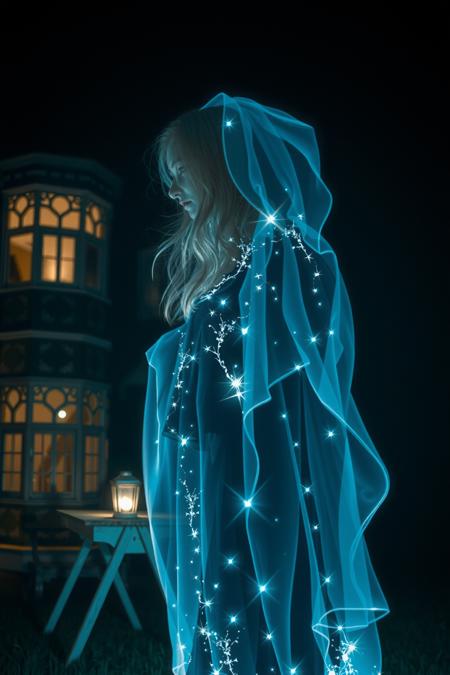 BREATHTAKING double exposure image featuring a translucent see-through apparition FORMED FROM DELICATE Grayish BLUE dark gray light sparkles taking the rough fuzzy form of a young woman with blond hair and with beautiful figure, at night, INSIDE an old Victorian haunted house late at night with DARK skies and shining stars, the woman's apparition silhouette is blended as a double exposure photograph, HYPER-MAXIMALIST, photorealism, cinematic horror, unreal engine, 8k, surreal rendition, EROTIC and MESMERIZING AND terrifying