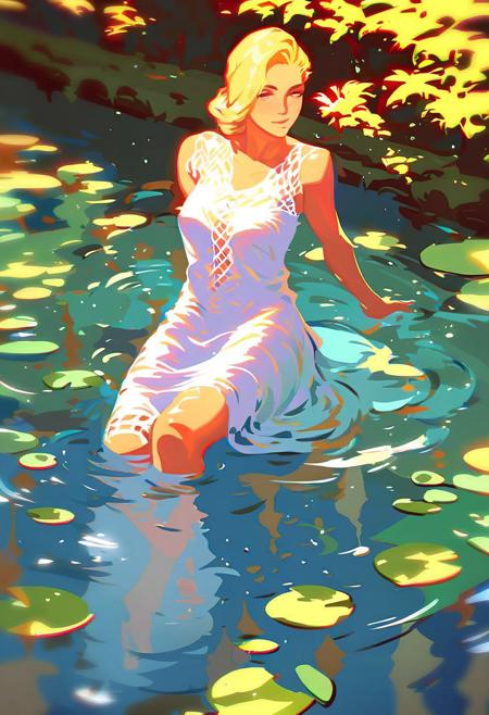 score_9, score_8_up, score_7_up,1girl, blonde hair, solo, white mesh dress, sitting, poolside, seductive pose, sunlight, outdoor setting, water reflection, detailed background, modern architecture