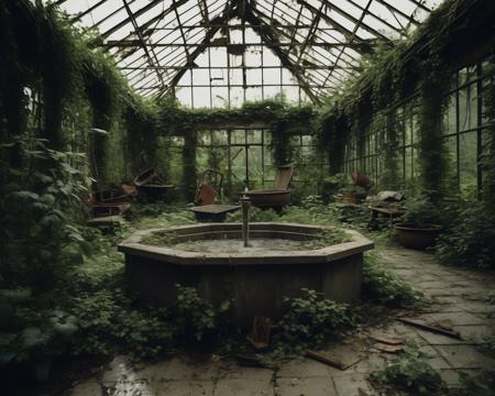 best quality, realistic, vray, hdr, in a post-apocalyptic neglected greenhouse, shattered glass, overgrown plants, rusted tools, dried fountain., by August Sander,  <lora:PostApocalypticXL_v1:0.8> SZ_4po enviroment