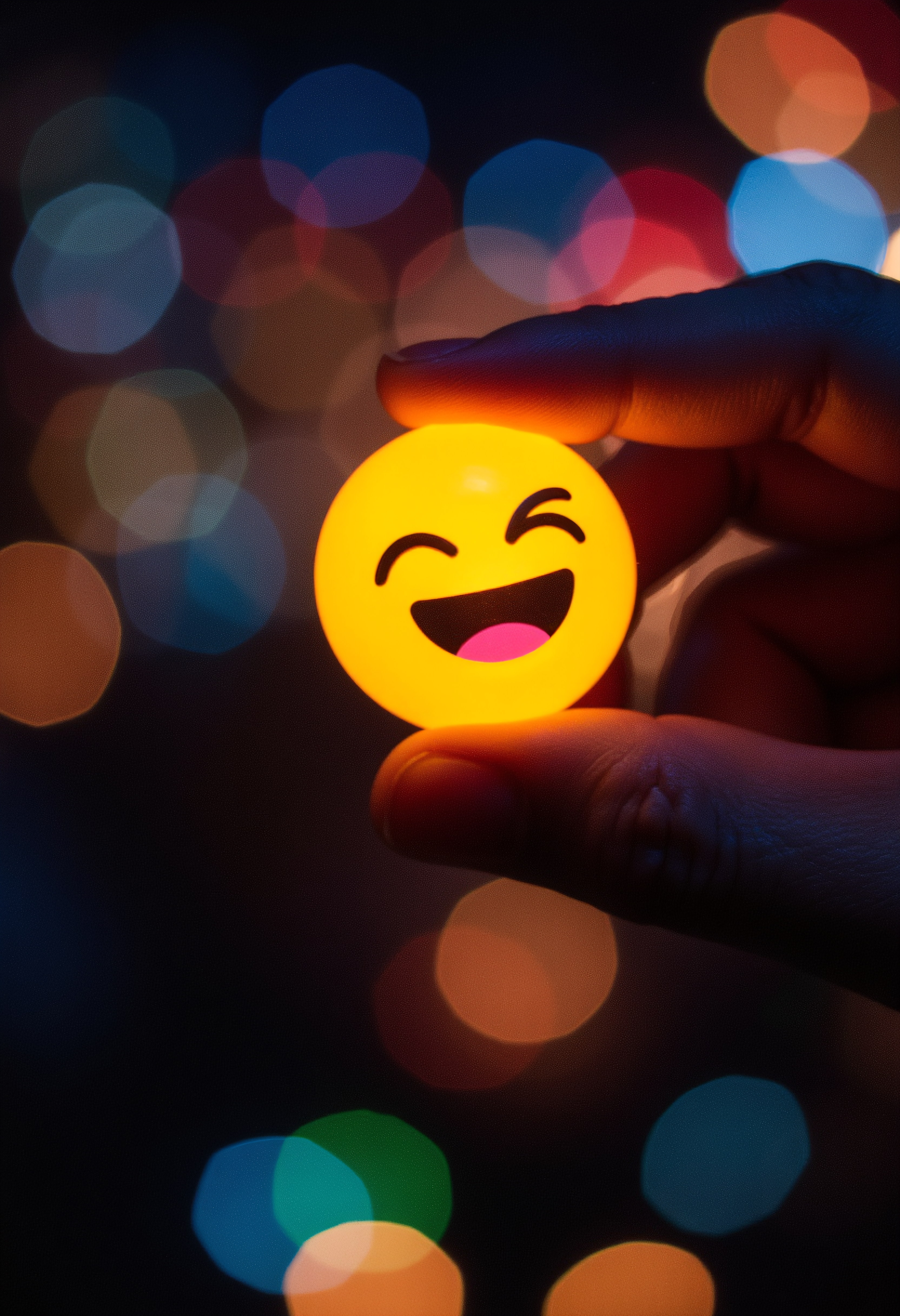 A hand holding a glowing yellow emoji ball with a smiling face, featuring winking eyes and an open mouth emitting a warm light that contrasts with the blurred, multicolored bokeh lights in the background. 