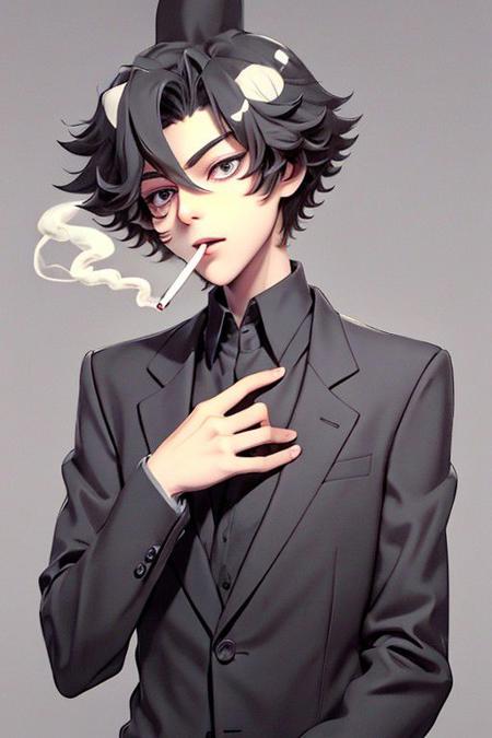 (best quality:0.8), perfect anime illustration, boy in black suit, smoking a cigarette