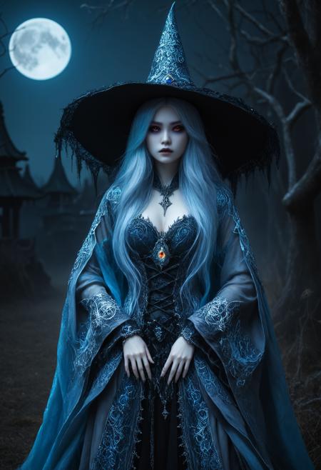 Gothic style Tilt-shift photo of  <lora:Abstract Concept-Chaos:0.25>, . , .Selective focus, highly detailed, vibrant, perspective control,, <lora:Waifu Style-Du Qiong-000008:0.25>,Du Qiong,, dark fantasy horror theme,dark fantasy concept art,artificial construct,ranni the witch,renna of elden ring,lunar princess ranni,realistic living porcelain doll,very long hair,knee-length hair,flowing silver-blue hair,one-eyed,bright pale blue luminous eye,four arms,wearing heavy layered robes with intricate embroidery,large slightly tattered witch hat,ethereal,ghostly,moonlit,whitish glow,uncanny,cold,enigmatic aura,small frame,petite,slender, . Dark, mysterious, haunting, dramatic, ornate, detailed