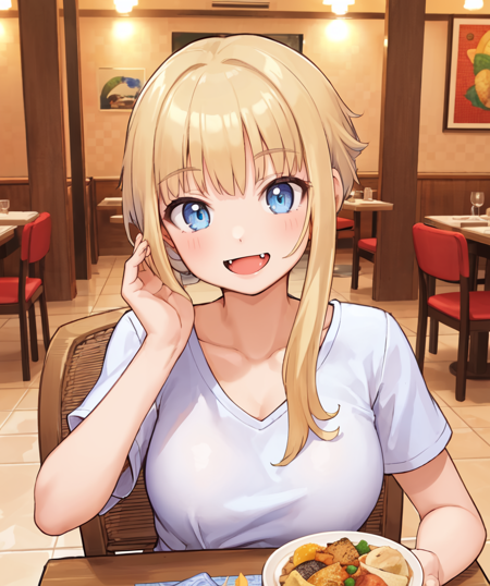 (masterpiece, best quality:1.2) 1girl marta, short hair with long locks, smile, open mouth, fang, upper body, shirt, tablecloth, wooden chair,  portuguese food, breasts, cantina, blue eyes, azulejo tiles, hair twirling, solo, restaurant
<lora:marta-step00002000:0.8>