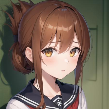 (masterpiece, best quality:1.2),illustration,8k,hd,1girl,solo,upper body,(portrait:1.2),brown_hair,folded_ponytail,brown_eyes,serafuku,long_hair,school_uniform,skirt,pleated_skirt,<lora:Inazuma>,