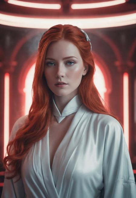the 100-inspired, hologram of female emperor, white robe, futuristic temple, galactic leader, futuristic setting, natural beauty, cinematic film still, stunning eyes, light red hair, long hair, desaturated, dramatic lighting, desaturated background, bokeh, dark theme, soothing tones, depth of field, dramatic backlighting, film grain, Surreal Harmony, 8k uhd, high quality, hdr, sharp photography