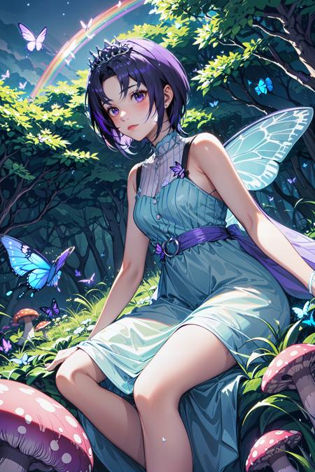 A girl with long purple hair and violet eyes in a forest full of colorful flowers and mushrooms. She is wearing a blue dress and a silver tiara. There are butterflies and fairies flying around her. The sky is pink and purple with a rainbow. <lora:CarolV3.5:0.8>,white dress, sleeveless,