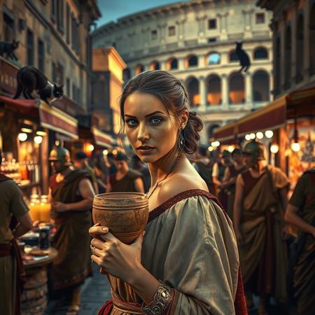 Setting is a 1st century Roman Empire market in Rome at night, the market is comprised of street vendors selling, food, weapons, and clothing. Everyone and everything in the image is appropriate for a scene from Ancient Rome, People wearing Roman clothing are walking through the street market shopping and eating, in the foreground is a merchant selling beverages and food at a market kiosk, (((a beautiful woman, 24 years old is standing in the foreground, the woman  facing the viewer with a clay goblet of wine in her hand. Her eyes are beautiful and focused on the viewer, she has an expression of interested curiosity))), Roman Soldiers are walking behind the beautiful woman, one of the solders turns to look at the beautiful woman, many people are walking by in the busy street market, the woman is dressed in high fashion Roman Empire clothing with an alluringly sexual, but traditional roman aesthetic. The woman's hair is elegantly tied up with a ribbon. Artistic ancient Roman aesthetic, dynamic perspective, (((overall architectural aesthetic is Ancient Rome in 1st Century Roman Empire era))).  Epic image that elicits a feeling of wonder and awe, Rome Coliseum Roman Forum architecture in background, a sleek black cat is visible sitting on a kiosk roof in the background,