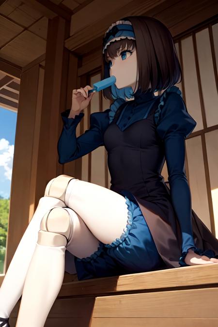 <lyco:Garie-loha-V3:0.8>,Garie,1girl,solo,frilled dress, east asian architecture,japanese_house ,open door,sliding doors ,veranda,sitting, puffy sleeves, juliet sleeves, shade,holding popsicle, doll joints, looking away, bloomers, licking_popsicle, dappled sunlight, mary janes, looking_up,wooden ceiling, arm support,crossed legs, plant, blue sky, cloud,shiny_eyes,