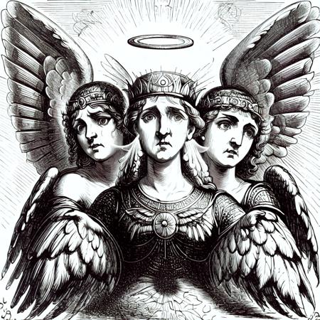 a three headed angelic being with many wings and halos covered in eyes,multiple wings,extra wings,biblically accurate,3 heads,covered in eyes,intricate linework,hyperdetailed,art by llbreton, <lora:LLbreton_V3:1>