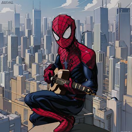 tasm2spdrmn playing guitar, city buildings in the background, oultine, comic art, digital art, by Scott Campbell <lora:tasm2spdrmn_v2:0.75>