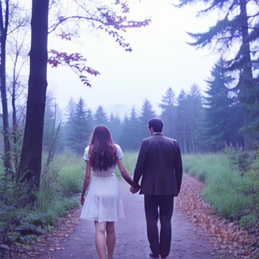 <lora:90s_Indie_MovieSD1:1> ArsMovieStill, movie still from a 1990s indie movie, The image shows a man and woman walking down a path in the woods holding hands. The path is lined with trees on either side and the sky is visible in the background., long hair, tree, outdoors, nature, holding hands, forest, scenery, pants, 1boy, from behind