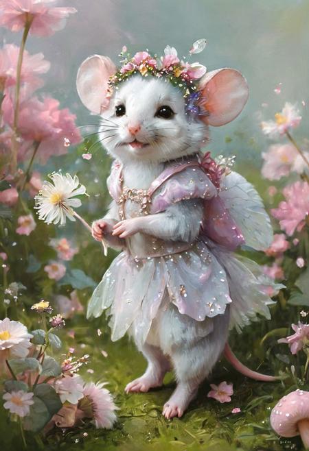 solo, furry, ((fairy (mouse))) small, white mouse is dressed as a fairy princess. The mouse is wearingn flower crown and has glittery, multi-colored wings, (pink cheeks:0.7) cute little mouse standing around a flower field,She has white fur , wearing dandelion wreaths. doodle style for the mouse, pastel colors, soft lighting, cute doodle, small, postcard, animal, sparkle, trending on artstation, limited color palette,  ((FANTASY)), ((MAGIC)), fairy flower, fashion, clean background, high quality, editiorial abstract illustration Magical Forest, Fantasy, Enchantment, Nature, Pixie, Fairy Dust, Ethereal, Enchanting, Whimsical, Dreamy, Fantasy World, Forest Nymph, ((Winged mouse)), Mystical, Nature Spirit, Delicate, Graceful, Fairyland, Woodland, Fairy Wings, Sprightly, Magical Creatures, ((pink mushrooms)), furry, (((mouse))), female,