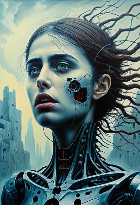 waist up, portrait painting  , dystopian surrealism, deathly fantastical  Nightmare ,Fusion of Nature and Technology, nightmarish, facing camera, Riley Reid, woman,  dynamic pose,  in a "ZdzisÅaw BeksiÅski" style painting ,oil on hardboard <lora:rileyreid_SDXL:0.8>