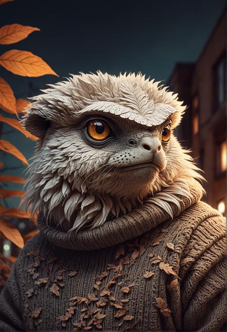 beautiful fluffy animal, leaf, natural, dusk, intense, a brutalist designed, lightroom, Ink illustration, incredibly detailed, selective focus, Post Processing, faded, cinematic still, creature, turtleneck sweater, glowing eyes, luminous, ringed eyes, ", scifi, professional poster art