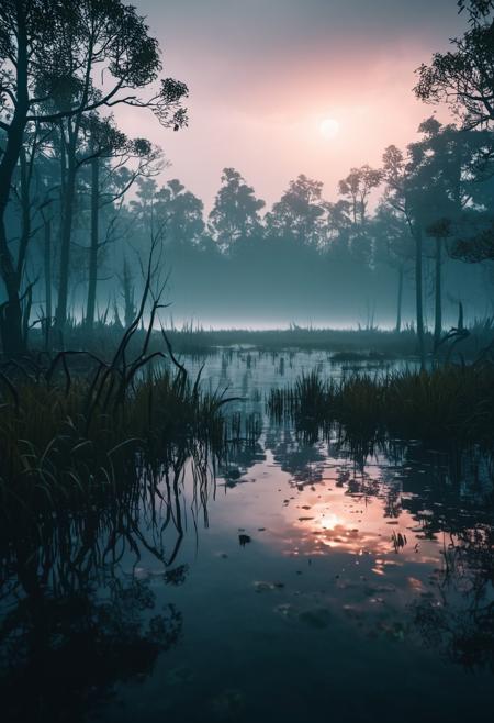 cinematic photo artistic swamp with mystic fog, water on the foreground, from horror movies, dark atmosphere, artstation, low poly vegetation, fisher with fishing rode , in Brooding landscapes, epic scale, German myth, layered symbolic density, <lora:add-detail-xl:1> . 35mm photograph, film, bokeh, professional, 4k, highly detailed