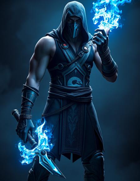 Sub-zero  stands with an icy blue-blue flame in his right hand..,Mortal Kombat style Warrior in the underworld, ((fill body view)), dark colorful aura, high resolution, photorealistic, 4k image, high quality, ((perfect hands)), perfect eyes, blue eyes perfect limbs, perfect legs, extreme detailed, full of details, Dramatic, Dynamic, Cinematic, Sharp details Insane quality. Insane resolution. Insane details