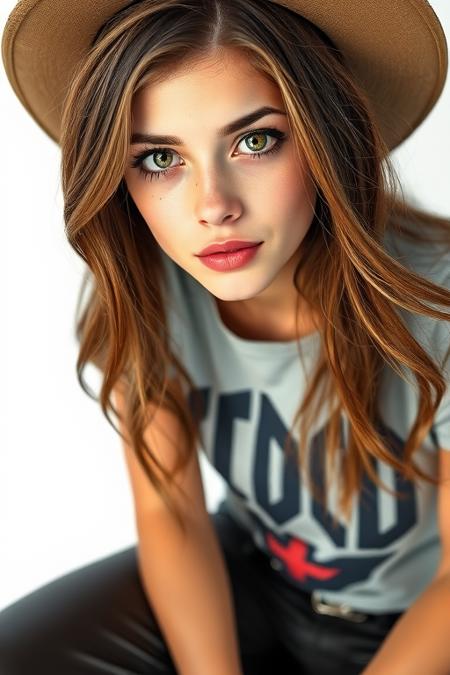 female, brown hair long layered hair, hazel eyes, tanned fair skin, some freckles on the bridge of their nose, young adult, oval shaped face, long face, thin and arched eyebrows, gentle brow ridge, almond shaped eyes, slightly wide-set eyes, slightly upturned curved nose, high and defined cheekbones, full lips, pointed chin, proportionally small bust, (white background:1.3),

neutral expression,

wearing long leather pants and a band t-shirt,

(Cowboy shot:1.3), 

dynamic pose, natural light