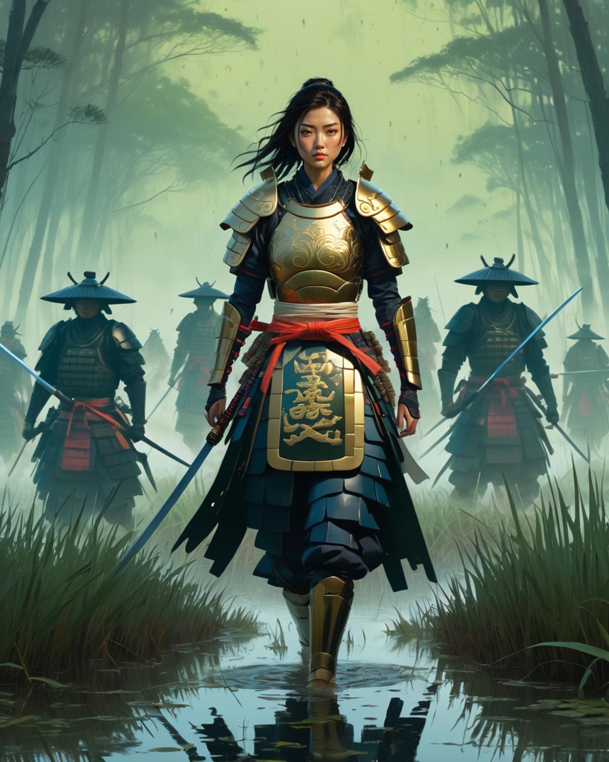 A woman in samurai attire walking through water with other samurai following her.