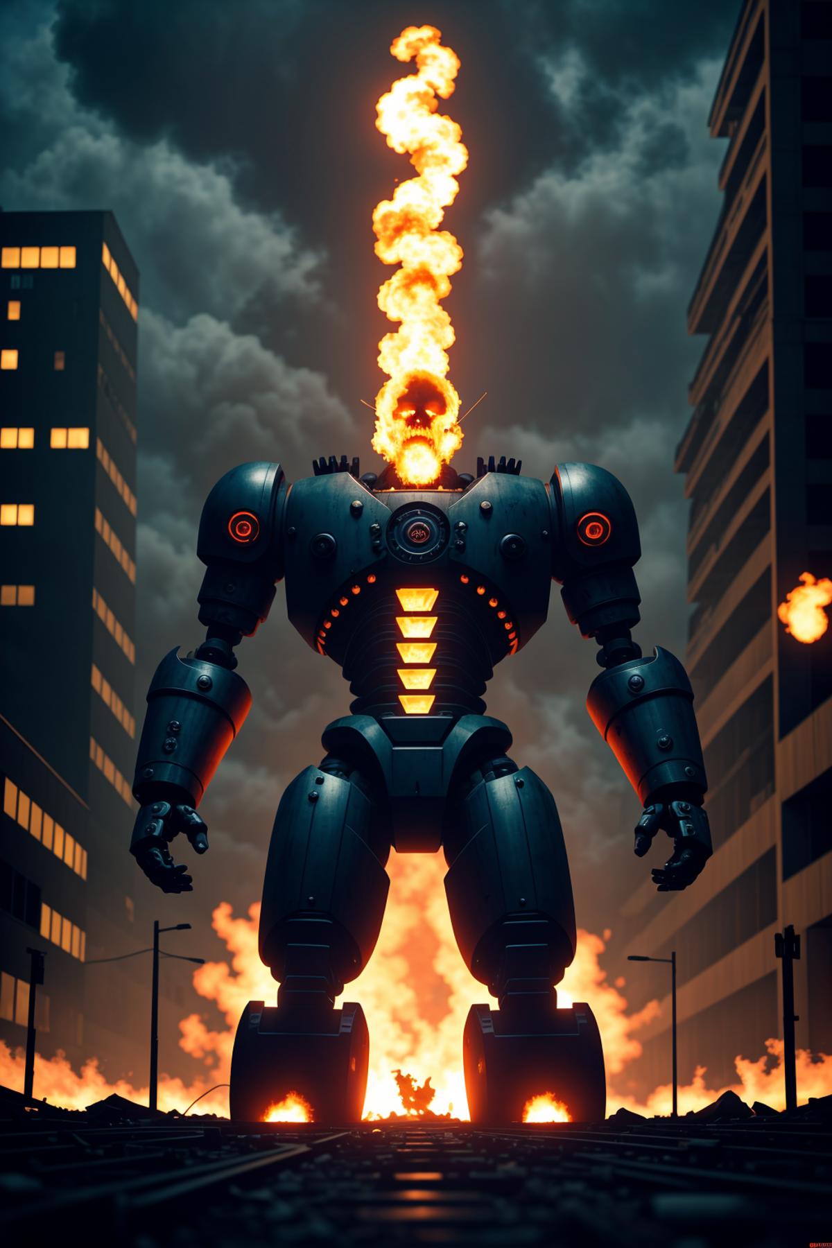 An Intense Scene of a Robot with Flames Coming Out of its Head Standing in a City